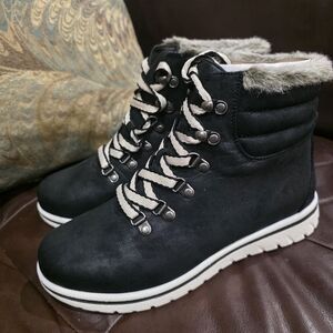 White Mountain Black Lace Up Boots with Cream Accents